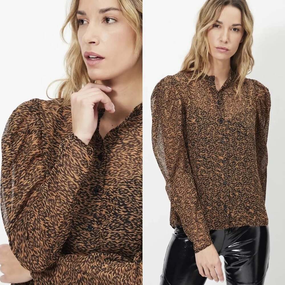 TED BAKER Women Animal Print Sheer Long Sleeve Button Blouse Sz 2/M Brown 81-26